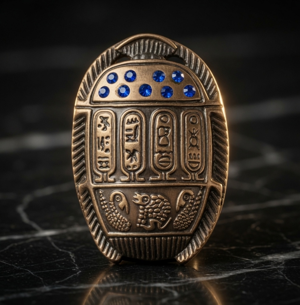 Egyptian Scarab Beetle Fridge Magnet Copper Tone Hieroglyph Blue Rhinestone EXC